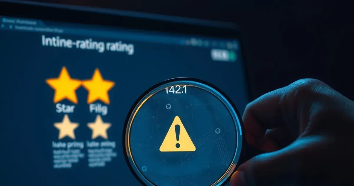 Close-up van een hand met vergrootglas boven een laptopscherm met sterbeoordelingen en een waarschuwingsicoon, donkere cinematische sfeer