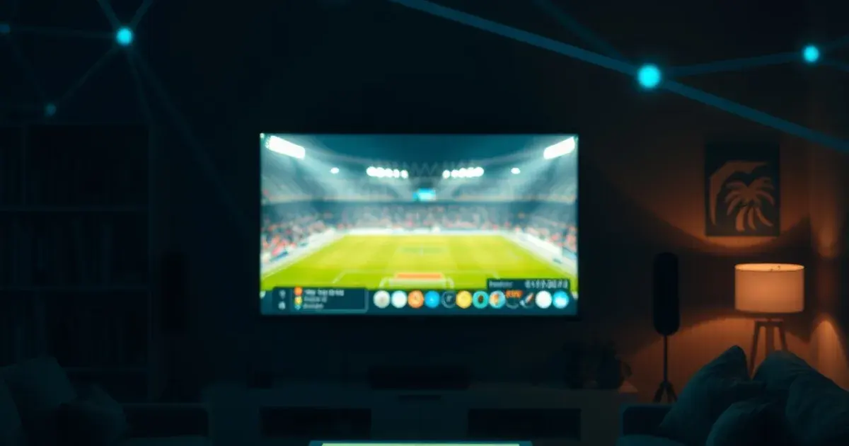 Donkere woonkamer 's avonds met een televisiescherm dat het licht van een voetbalstadion weerkaatst, met subtiele netwerksignalen in de lucht