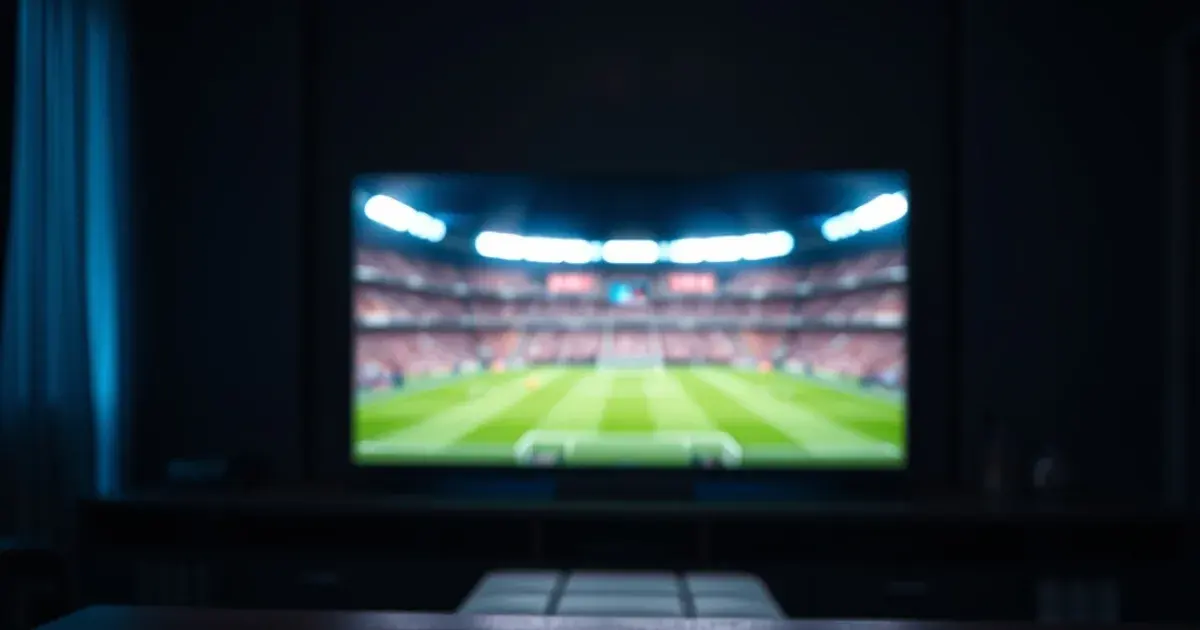 Donkere woonkamer 's avonds met een tv die een voetbalwedstrijd toont, sfeervolle blauwe gloed