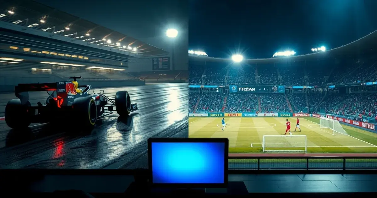 Split beeld van een Formule 1-wagen in actie en een voetbalstadion bij nacht, met op de voorgrond twee gloeiende schermen in een donkere woonkamer.