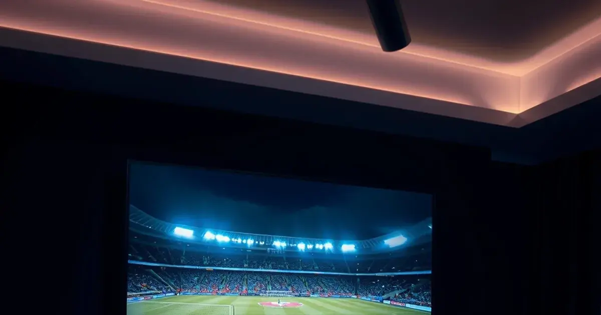 Donkere woonkamer 's avonds met een 4K-tv die een Eredivisie-wedstrijd toont, blauw schermlicht op een IPTV-settopbox op de voorgrond