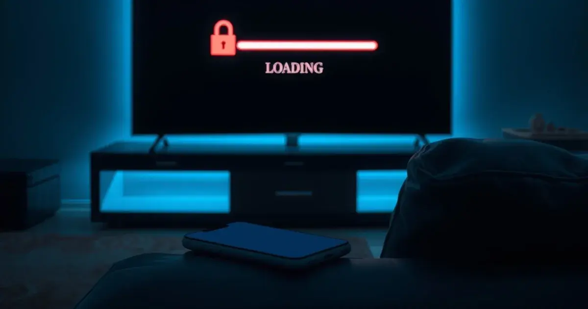 Donkere woonkamer met een tv die een bevroren laadscherm en een rood hangslotpictogram toont, symbool voor een geblokkeerd IPTV-account