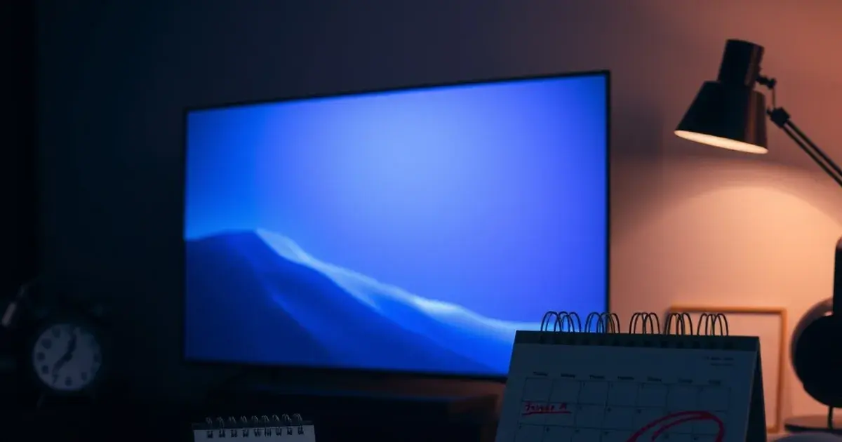 Donkere huiskamerscene met een tv die zacht oplicht en een agenda met een omcirkelde datum, sfeer van wachten op de juiste kortingsdatum