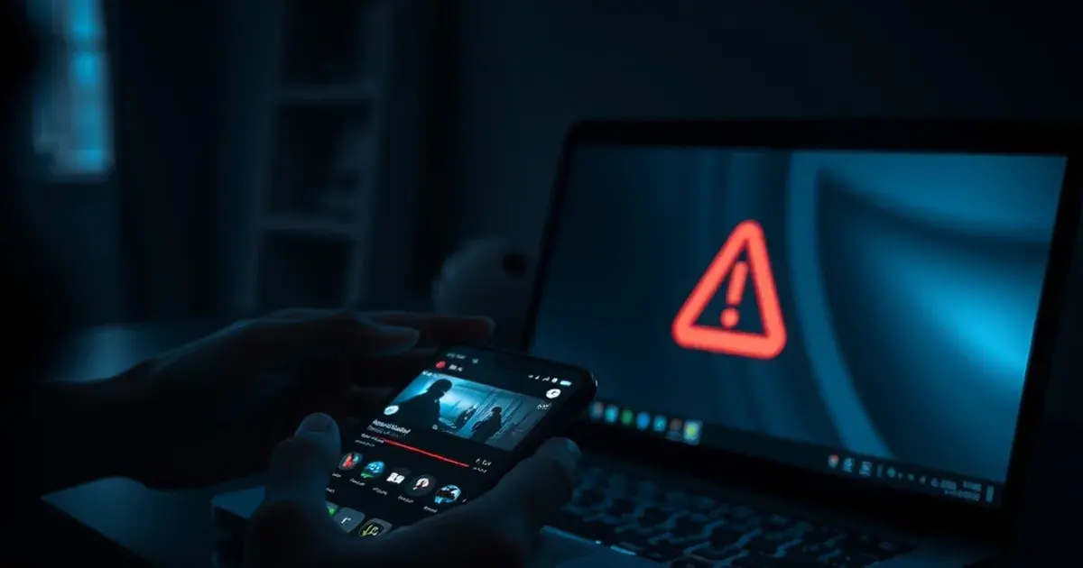 Smartphone met streaming-app naast een laptop met een waarschuwingssymbool, in een donkere, sfeervolle setting