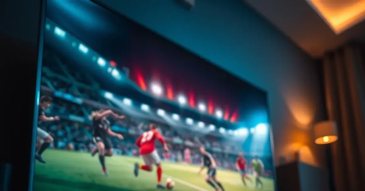 Donkere woonkamer met een tv die een live voetbalwedstrijd toont, een AV-receiver met lichtjes eronder en HDMI- en netwerkkabels op de voorgrond