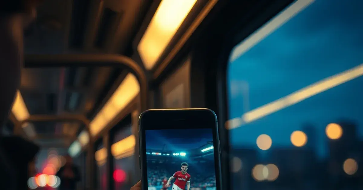 Iemand kijkt naar een live voetbalwedstrijd op zijn telefoon in een schemerige treincoupé, met wazige lichtjes voorbij het raam.