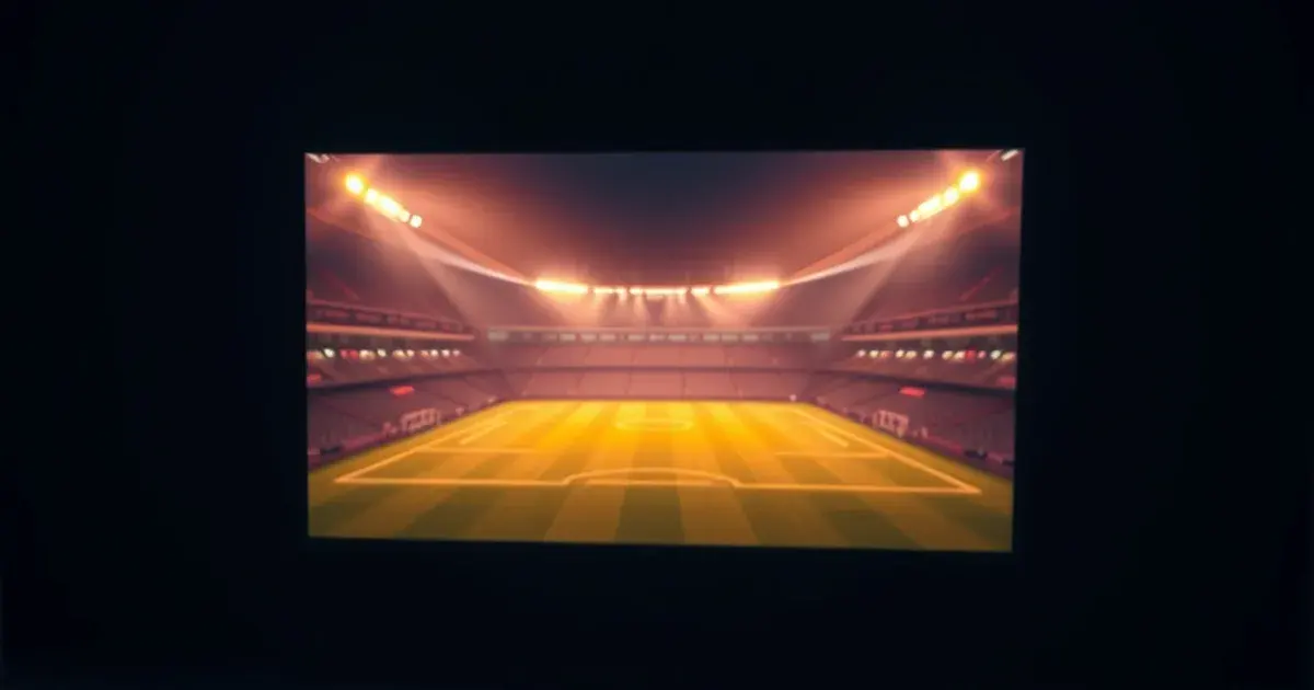 Donkere woonkamer met een groot scherm dat stadionlicht weerspiegelt, met een tablet en telefoon ernaast die hetzelfde beeld tonen, als symbool voor IPTV op meerdere apparaten tegelijk.