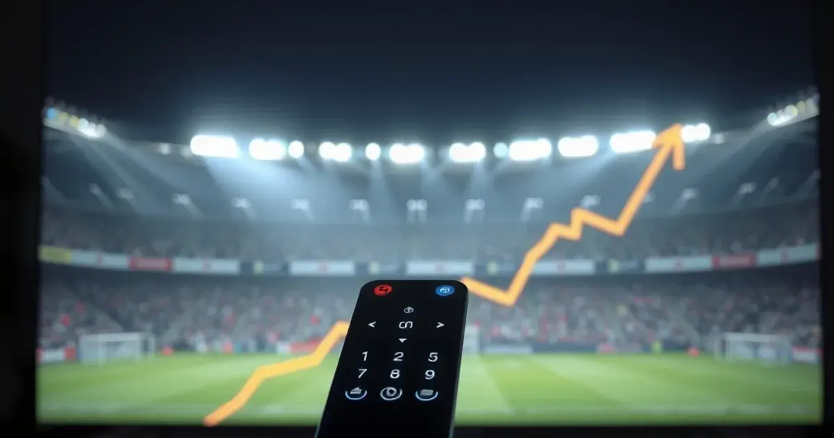 Een tv-afstandsbediening op een donkere tafel met een wazig verlicht voetbalveld op de achtergrond, als beeld voor de stijgende Ziggo-kosten door ESPN.