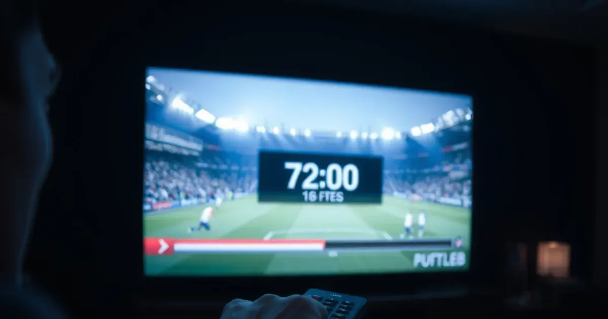 Iemand test een IPTV-stream met een stopwatch tijdens een live voetbalwedstrijd in een donkere woonkamer