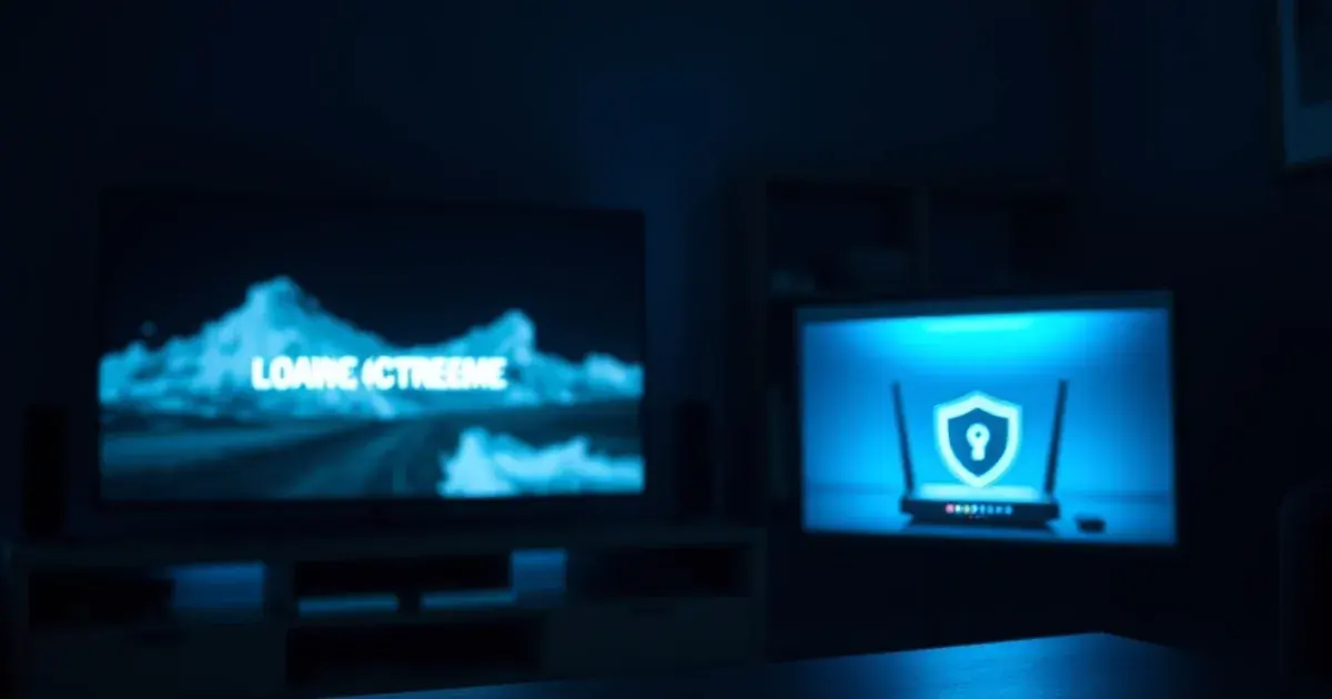 Een donkere woonkamer met een tv die een laadcirkel toont naast een router en een smartphone met een actief VPN-schild-icoon