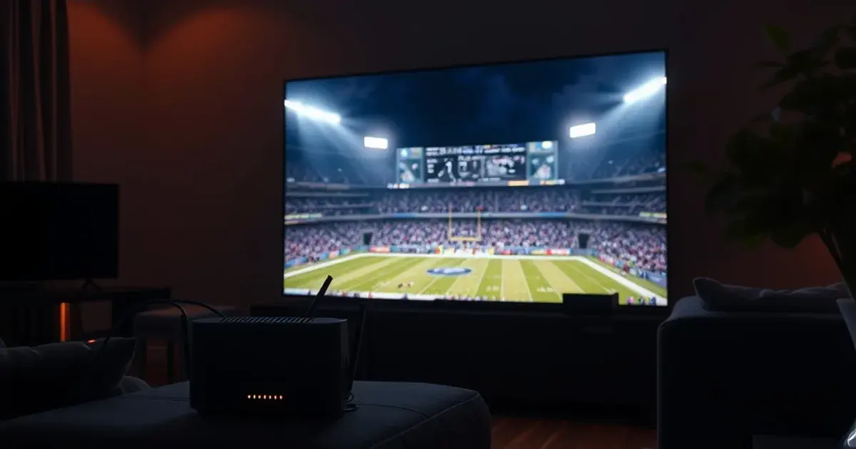 Donkere woonkamer 's avonds met een 4K-televisie die een verlicht Amerikaans footballstadion toont, met een router en ethernetkabel op de voorgrond