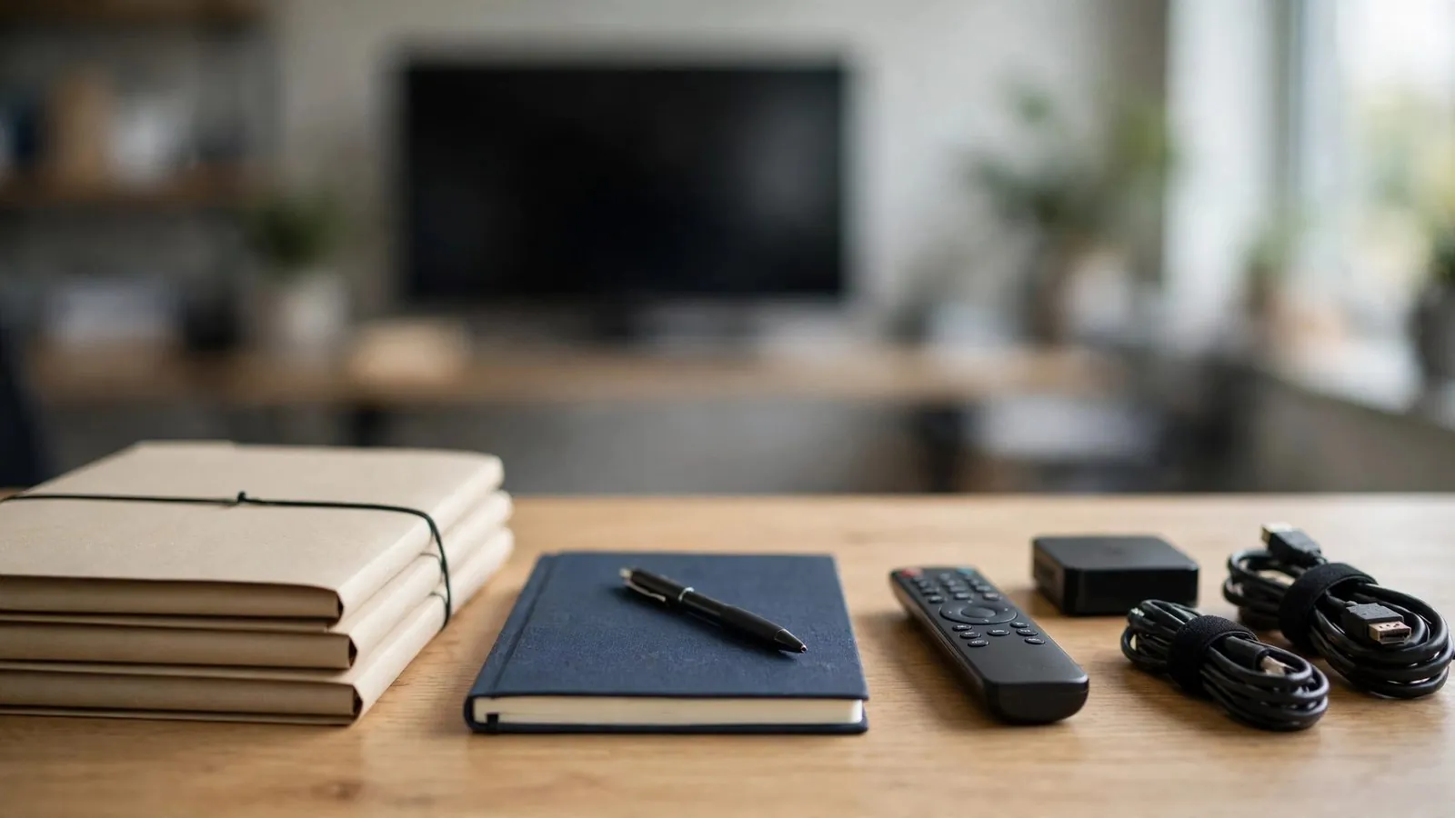 Stapel crèmekleurige schriften, blauw notitieboek met pen, afstandsbediening, zwart apparaat en kabels op houten tafel.
