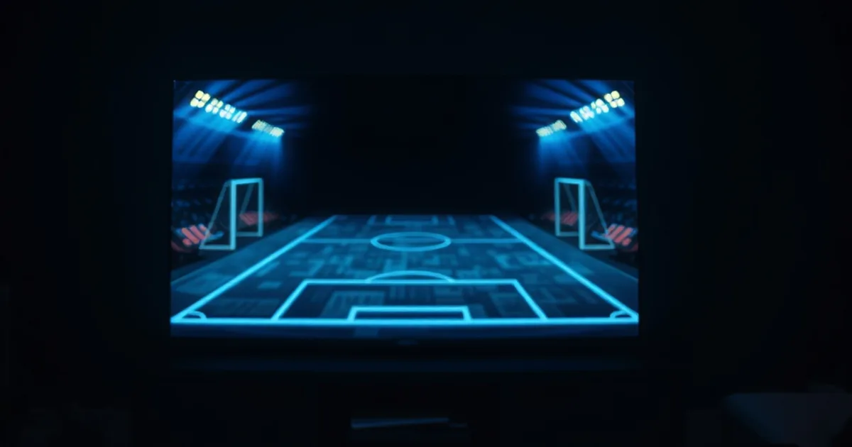 Donkere huiskamer 's avonds met een televisiescherm dat een abstract voetbalveld en ranglijst-patroon toont, sfeerbeeld voor Champions League league phase