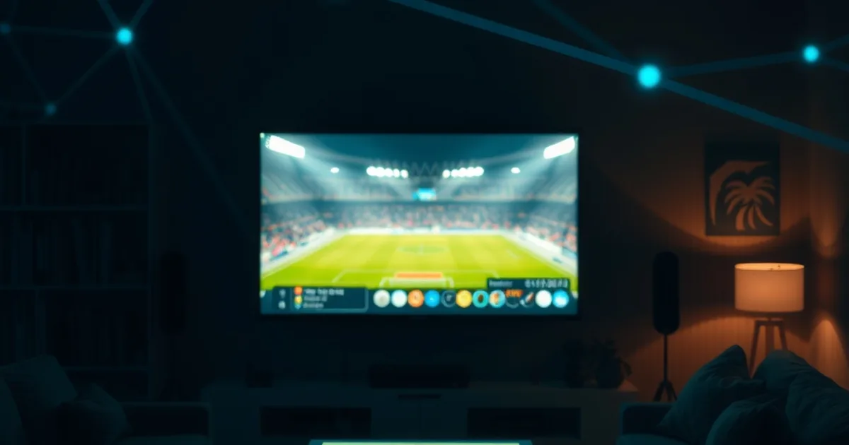 Donkere woonkamer 's avonds met een televisiescherm dat het licht van een voetbalstadion weerkaatst, met subtiele netwerksignalen in de lucht