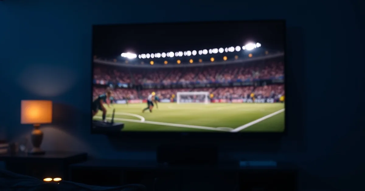 Donkere huiskamer met een groot 4K-scherm met een voetbalwedstrijd, en op de achtergrond een tablet en telefoon die gelijktijdig andere content tonen.