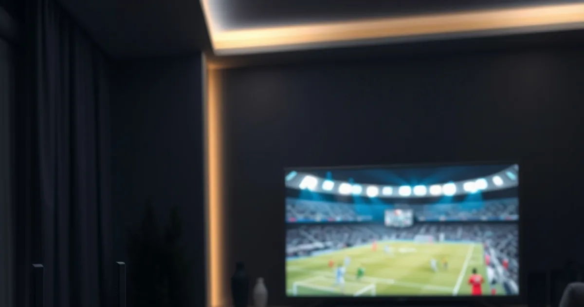 Donkere woonkamer met een glasvezelrouter met blauw ledlicht op de voorgrond en een televisie met een wazig voetbalbeeld op de achtergrond