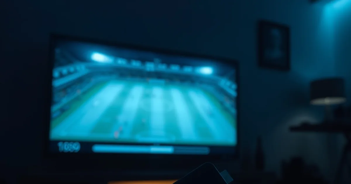 Firestick aangesloten op een tv in een donkere woonkamer, met een bevroren voetbalveld en een laadindicator op het scherm
