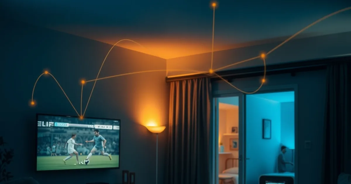 Donkere huiskamer in de avond met meerdere schermen die tegelijk verbonden zijn met één streaming-netwerk