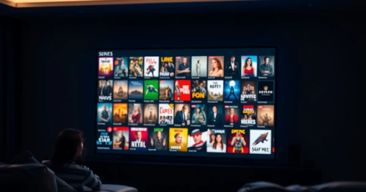 Donkere woonkamer in de avond met een televisiescherm dat een overzicht van films en series toont, sfeervolle verlichting op de achtergrond