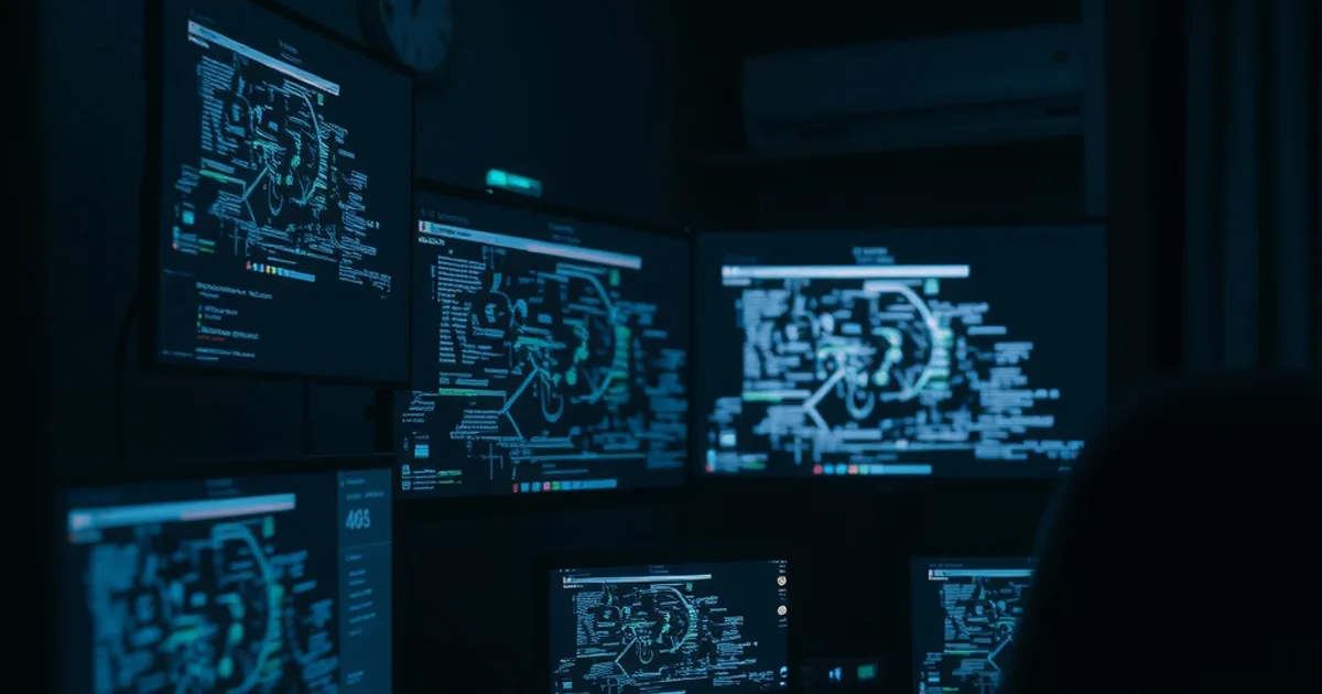Donkere, cinematische scene met gloeiende schermen die serververbindingen en netwerkknooppunten tonen, symbool voor stream-detectie op de achtergrond