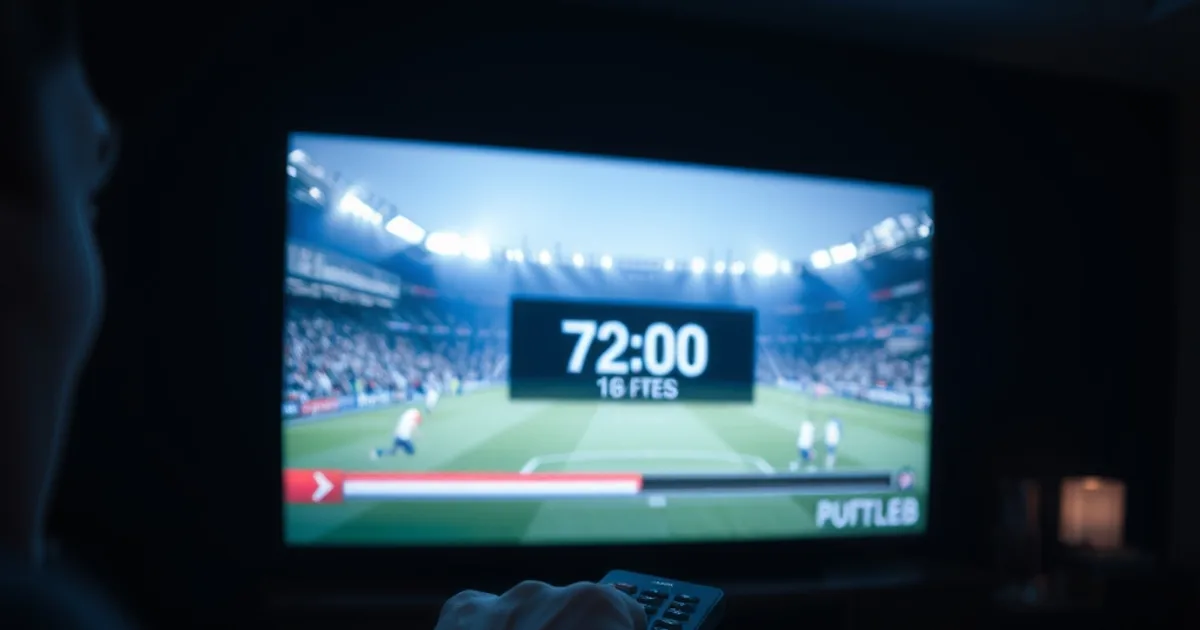 Iemand test een IPTV-stream met een stopwatch tijdens een live voetbalwedstrijd in een donkere woonkamer