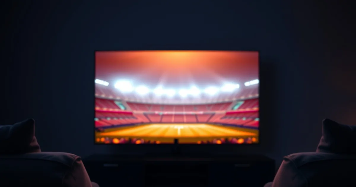 Donkere woonkamer verlicht door een tv-scherm met stadionlicht, een telefoon met een countdown-timer symboliseert het testen van een IPTV-proefperiode