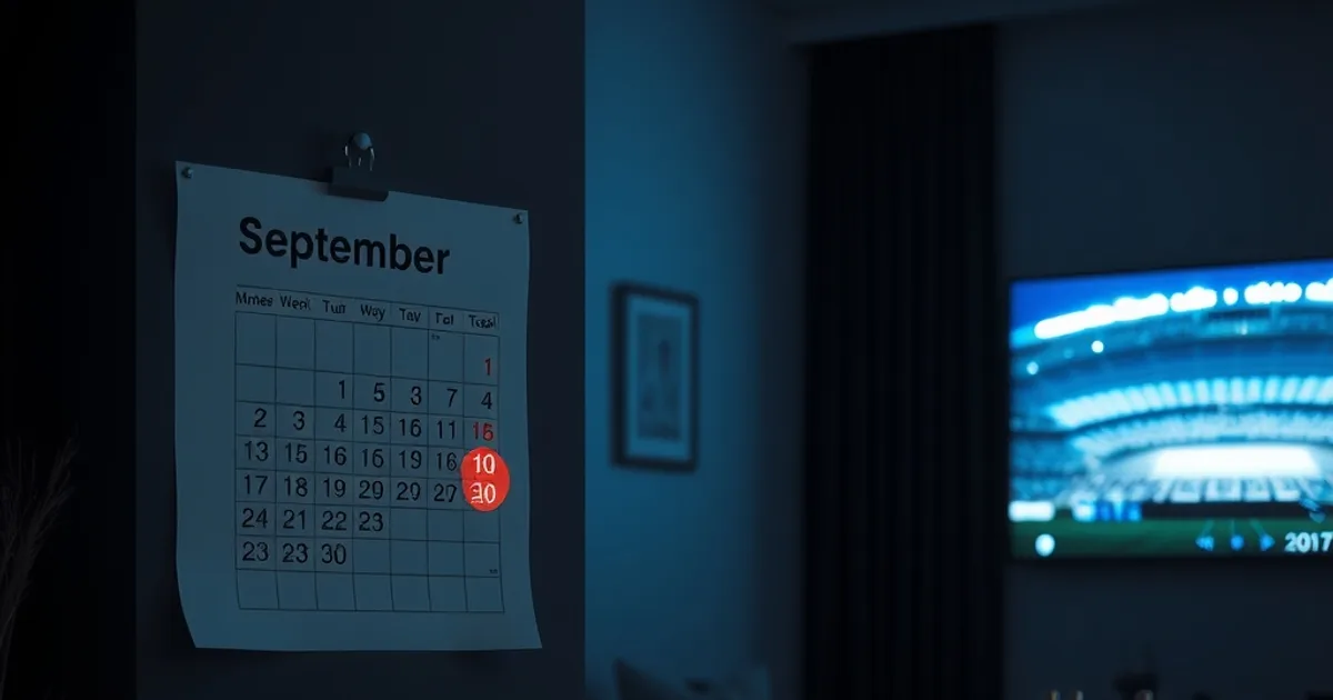 Een september-kalenderpagina met een omcirkelde datum naast een tv die stadionlicht uitstraalt in een donkere woonkamer, met een zandloper op de voorgrond als symbool voor het juiste koopmoment.