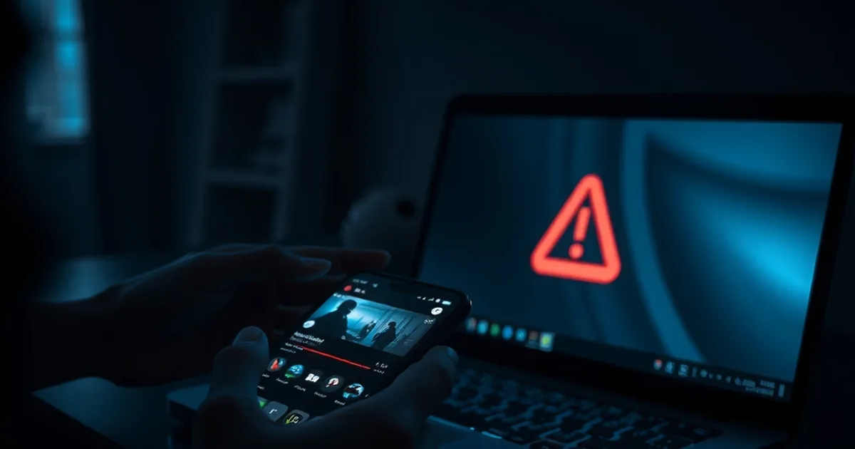 Smartphone met streaming-app naast een laptop met een waarschuwingssymbool, in een donkere, sfeervolle setting