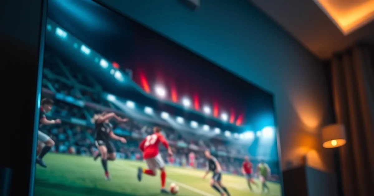 Donkere woonkamer met een tv die een live voetbalwedstrijd toont, een AV-receiver met lichtjes eronder en HDMI- en netwerkkabels op de voorgrond