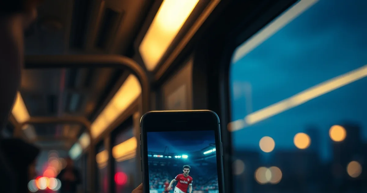 Iemand kijkt naar een live voetbalwedstrijd op zijn telefoon in een schemerige treincoupé, met wazige lichtjes voorbij het raam.