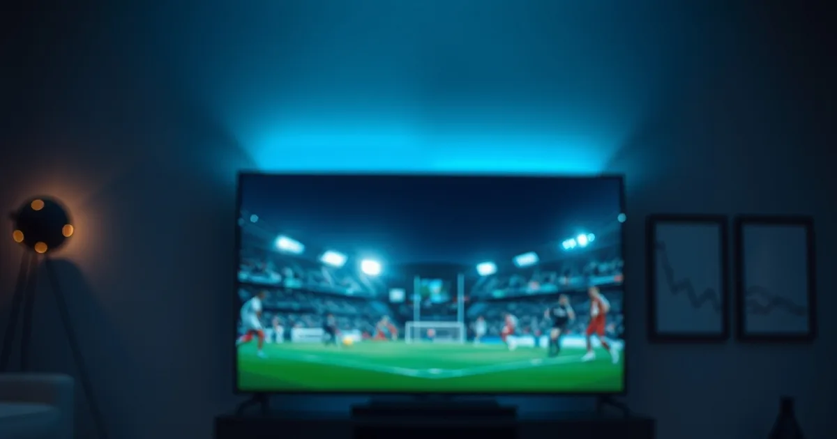 Donkere woonkamer met een Smart TV die een voetbalwedstrijd uitzendt en een afstandsbediening op de salontafel