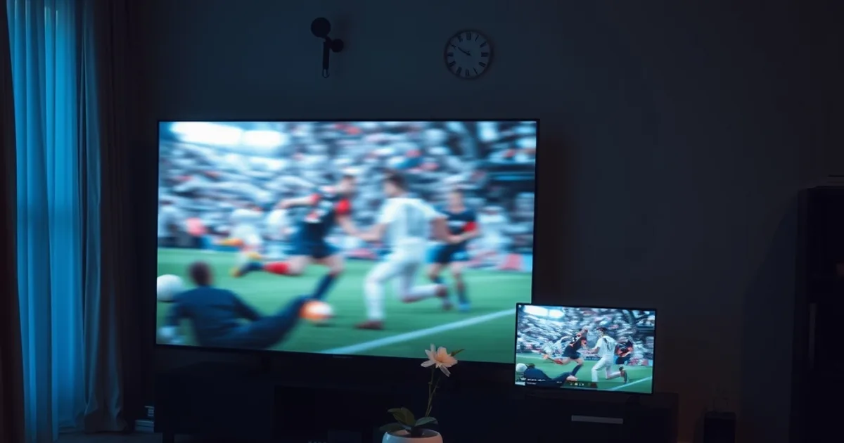 Twee schermen naast elkaar 's avonds: één met een haperende, vastgelopen live voetbalwedstrijd en één met een vloeiend, scherp beeld, symbool voor het verschil in streamingstabiliteit