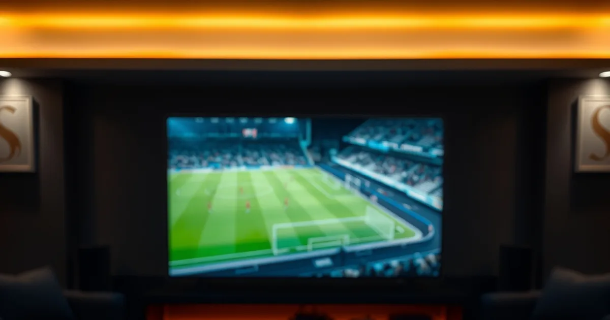 Donkere woonkamer 's avonds met een televisie die een voetbalwedstrijd toont en een smartphone met een app-interface op de salontafel
