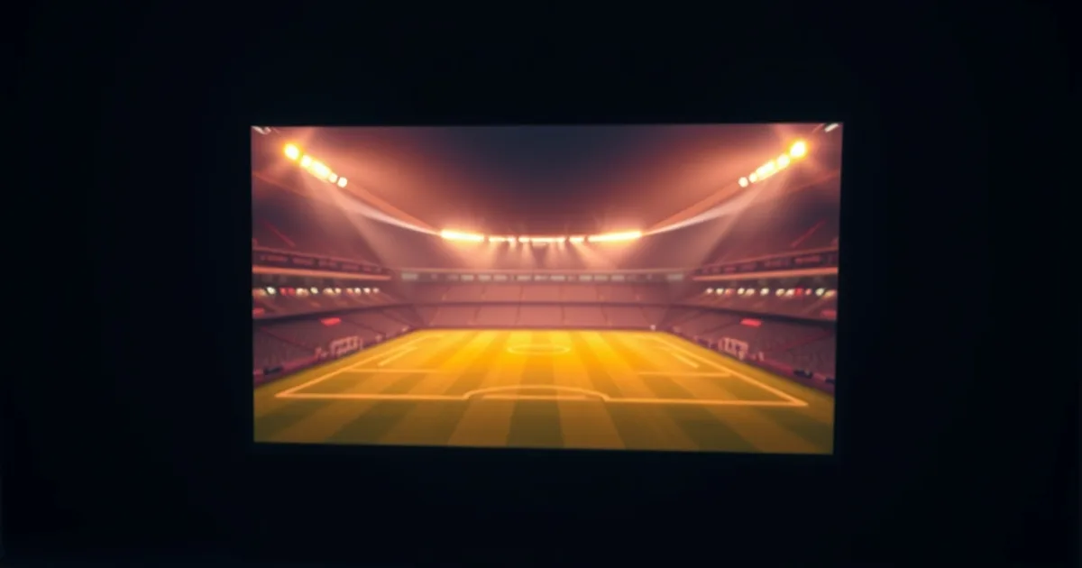 Donkere woonkamer met een groot scherm dat stadionlicht weerspiegelt, met een tablet en telefoon ernaast die hetzelfde beeld tonen, als symbool voor IPTV op meerdere apparaten tegelijk.